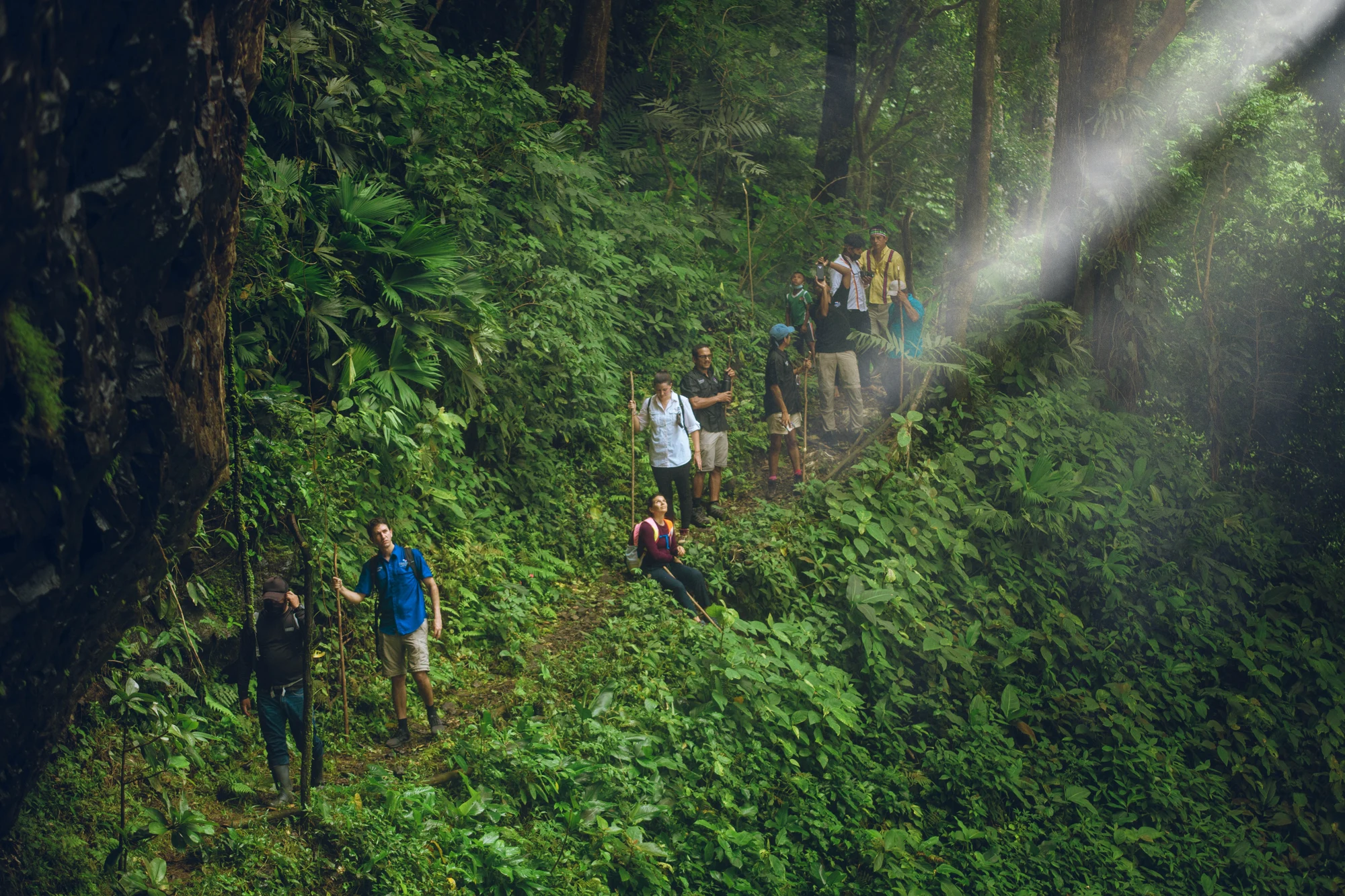 Travelers following a forest path beside a waterfall